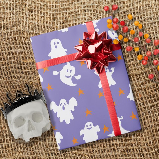 Papel De Presente Fantasmas bonitos e Estrelas Padrão Halloween (Criador carregado)