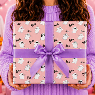 Papel De Presente Fantasmas Boo Rosa Padrão de Halloween
