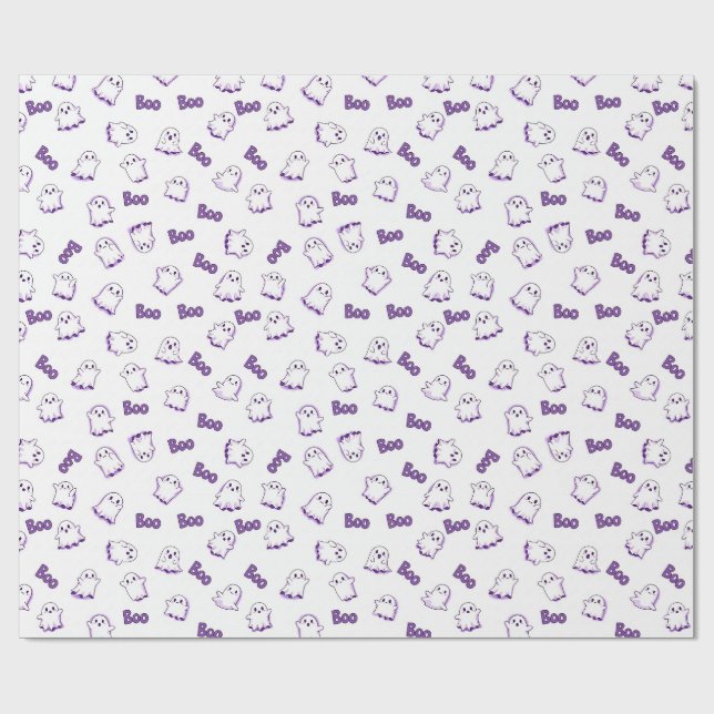 Papel De Presente Fantasmas Boo Roxo Branco Halloween (Aberto)