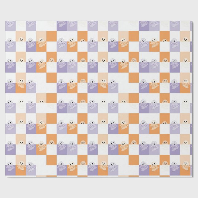 Papel De Presente Fantasmas Boo Roxo Laranja Xadrez (Aberto)