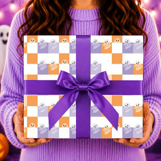 Papel De Presente Fantasmas Boo Roxo Laranja Xadrez