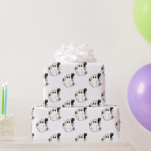 Papel De Presente Fantasmas Brancos e Gatos Pretos Halloween Branco