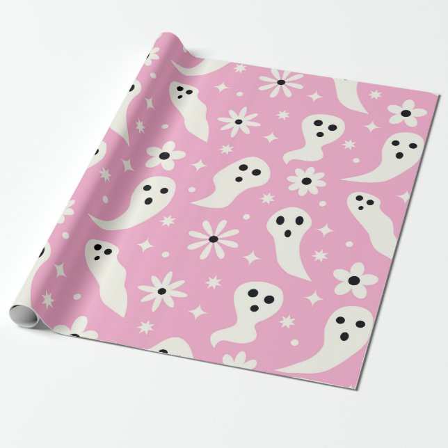 Papel De Presente Fantasmas Brancos Spooky com Flores Retroativas a  (Desenrolado)