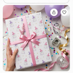 Papel De Presente Fantasmas e Chapéus de Bruxa Rosa de Halloween Fof