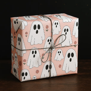 Papel De Presente Fantasmas e Flores Bonitos Padrão de Halloween Inv