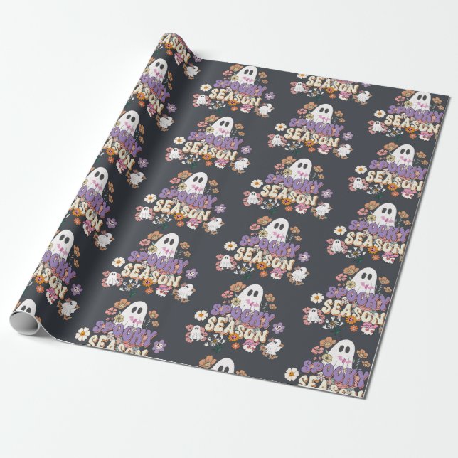 Papel De Presente Fantasmas e Flores Cutes Spooktaculares, Preto-Ama (Desenrolado)