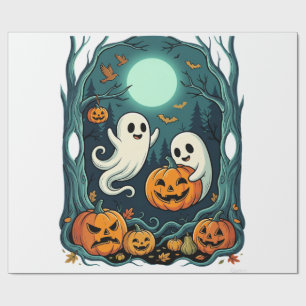 Papel De Presente Fantasmas e Floresta de Abóboras de Halloween Fofo