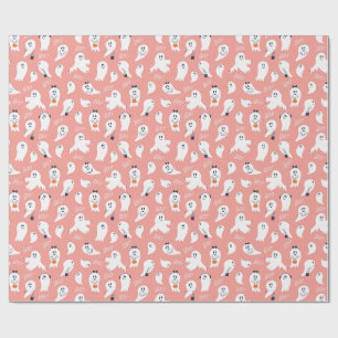 Papel De Presente Fantasmas fofos Halloween Rosa Branco Elegante