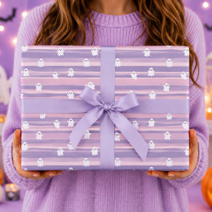 Papel De Presente Fantasmas Fofos Listra Rosa Roxo Halloween