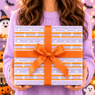 Papel De Presente Fantasmas Fofos Listras Laranja e Branco no Hallow