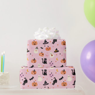 Papel De Presente Fantasmas Gatos e Abóboras Cor-de-Rosa de Hallowee