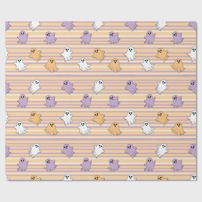 Papel De Presente Fantasmas Laranja Riscas Roxas Halloween (Aberto)