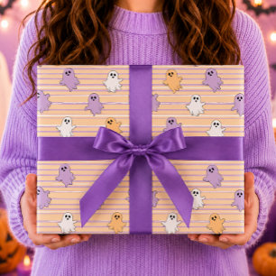 Papel De Presente Fantasmas Laranja Riscas Roxas Halloween