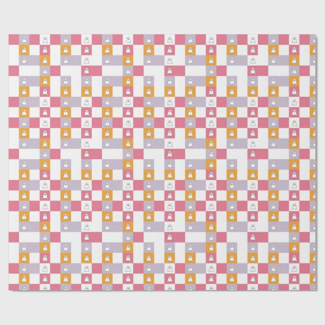 Papel De Presente Fantasmas Lindos Rosa Laranja Branco Halloween (Aberto)