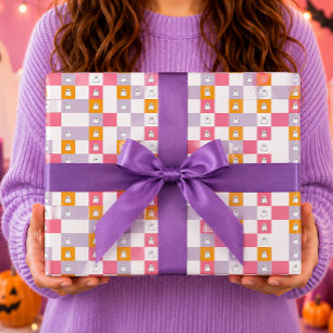 Papel De Presente Fantasmas Lindos Rosa Laranja Branco Halloween