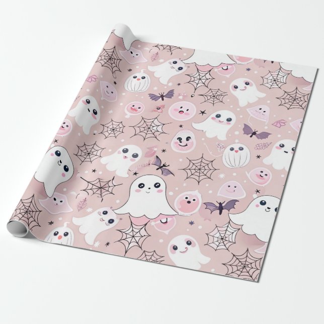 Papel De Presente Fantasmas Rosa e Elementos do Dia das Bruxas Sem F (Desenrolado)