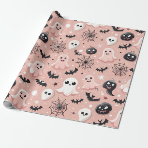 Papel De Presente Fantasmas Rosa e Padrão Invisível do Halloween