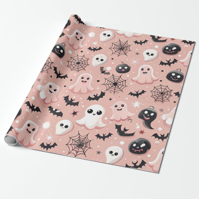 Papel De Presente Fantasmas Rosa e Padrão Invisível do Halloween (Desenrolado)