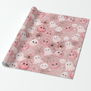 Papel De Presente Fantasmas Rosa e Pumpkins Whimseen