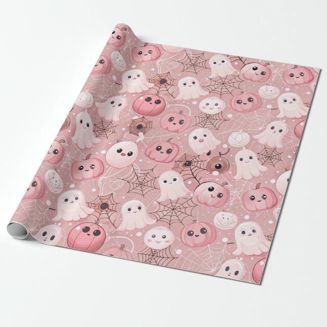 Papel De Presente Fantasmas Rosa e Pumpkins Whimseen (Desenrolado)