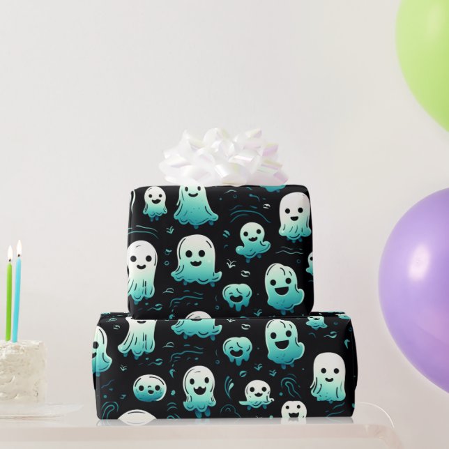Papel De Presente Fantasmas Verdes Fofos Adoráveis Modernos Hallowee (Presentes para festas)