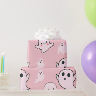 Papel De Presente Fantasminhas Brancas Super Fofas de Halloween Rosa