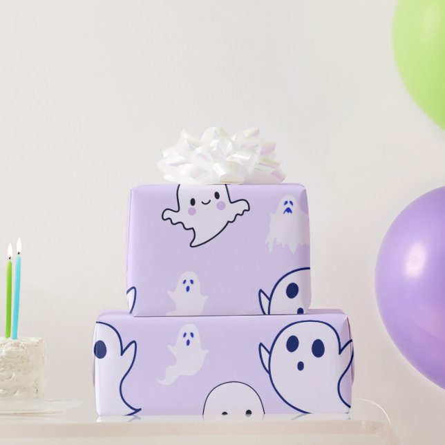 Papel De Presente Fantasminhas Brancas Super Fofas de Halloween Roxo (Presentes para festas)