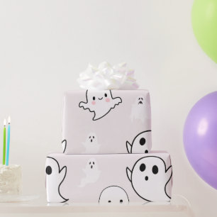 Papel De Presente Fantasminhas Brancas Super Fofos em Bege Claro no
