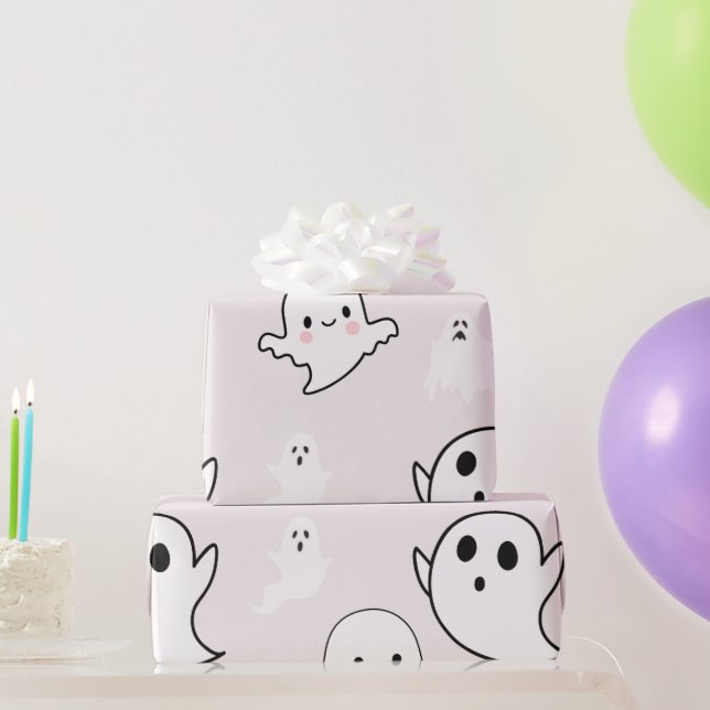 Papel De Presente Fantasminhas Brancas Super Fofos em Bege Claro no  (Presentes para festas)