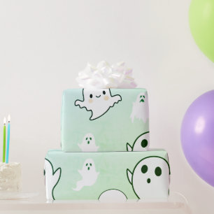 Papel De Presente Fantasminhas Brancas Super Fofos no Verde Claro de
