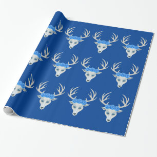 Papel De Presente Fantasy Head of White Deer Blue Rosas Antlers