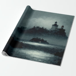 Papel De Presente Fantasy Island Lighthouse Misty Foggy Dark Night