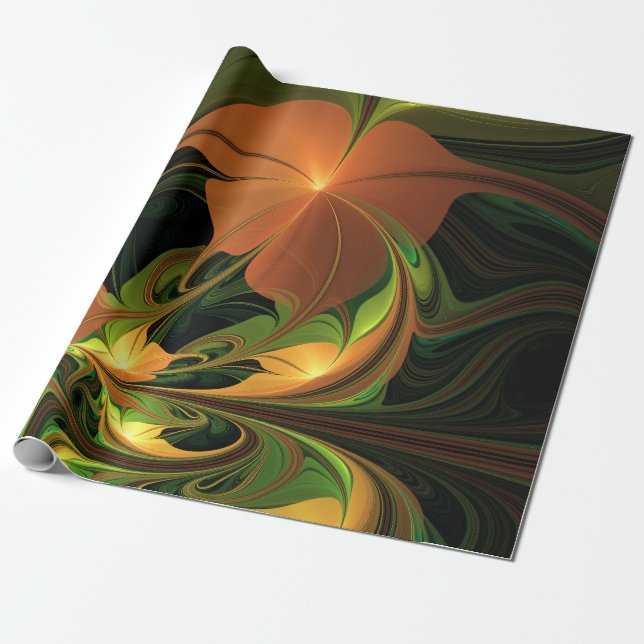 Papel De Presente Fantasy Plant Abstrato Green Rust Brown Fractal (Desenrolado)
