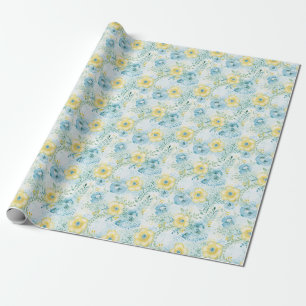 Papel De Presente Farinha de aniversário com flores azuis e amarelas