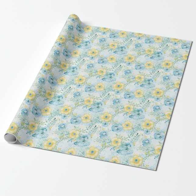 Papel De Presente Farinha de aniversário com flores azuis e amarelas (Desenrolado)