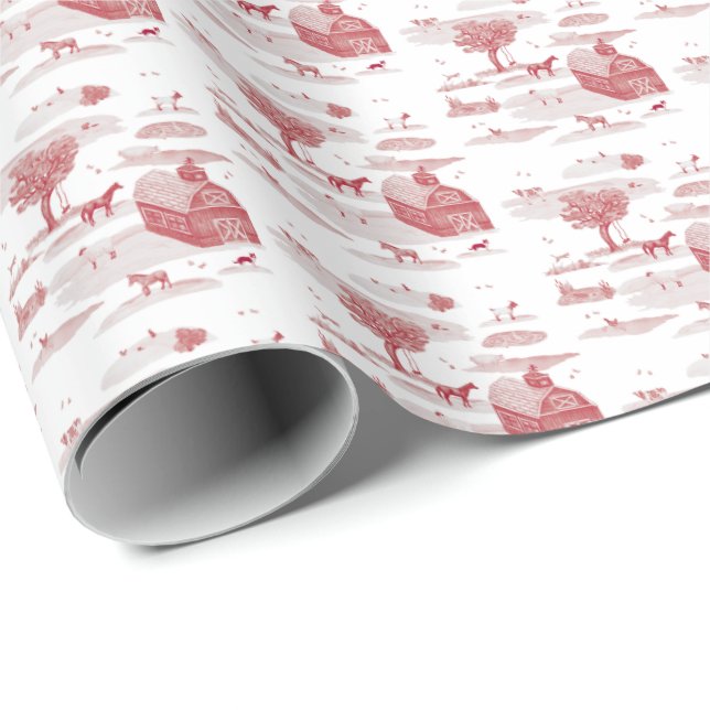 Papel De Presente Farm Animal Toile (Red)  (Ponta do rolo)