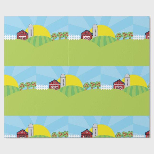 Papel De Presente Farm Landscape Red Barn Silo Apple Trees (Aberto)