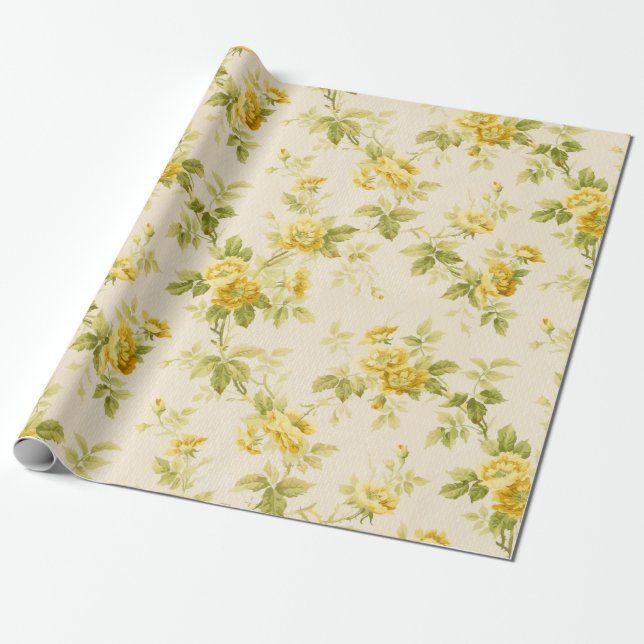 Papel De Presente Farmhouse Amarelo-Ouro bonito Floral (Desenrolado)