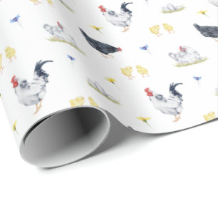 Papel De Presente Farmhouse Style Watercolor Hens, Roosters & Pintin