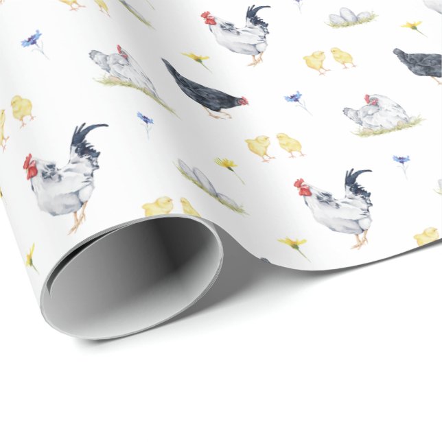 Papel De Presente Farmhouse Style Watercolor Hens, Roosters & Pintin (Ponta do rolo)