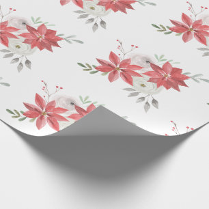 Papel De Presente Farmhouse Watercolor Poinsettias Berries & Rosas