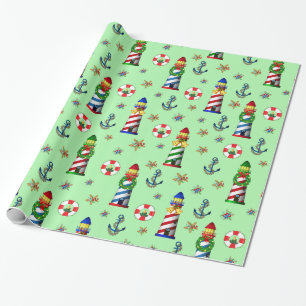 Papel De Presente Faróis de Natal Náuticos em Fundo Verde