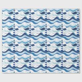 Papel De Presente Farol Azul e Branco Náutico 
