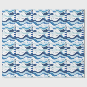 Papel De Presente Farol Azul e Branco Náutico 