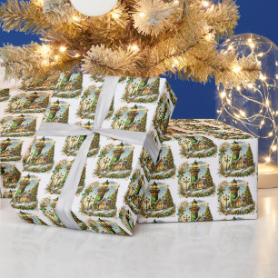 Papel De Presente Farol de Natal Festivo com Azulejos