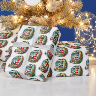 Papel De Presente Farol de Natal Festivo com Azulejos
