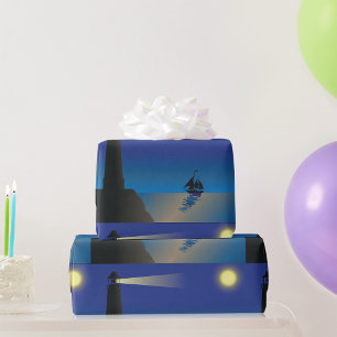 Papel De Presente Farol e veleiro no Oceano Luar Noturno