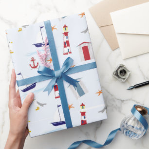 Papel De Presente Farol Náutico e Design Costeiro de Âncora