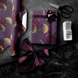 Papel De Presente Fases da Lua e Rosas roxas   Nova Era Garganta