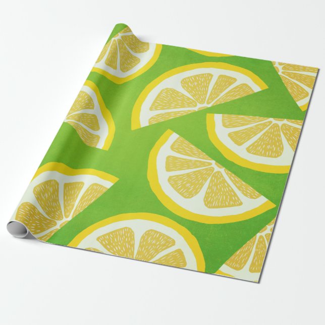 Papel De Presente Fatias de Limão em Fundo do Verde limão (Desenrolado)